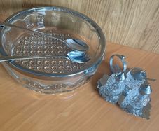 Vintage Silver Plate Rim Pressed Glass Bowl with silver-plated condiment set and matching spoons.