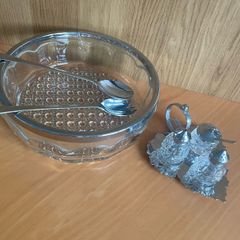 Vintage Silver Plate Rim Pressed Glass Bowl with silver-plated condiment set and matching spoons.