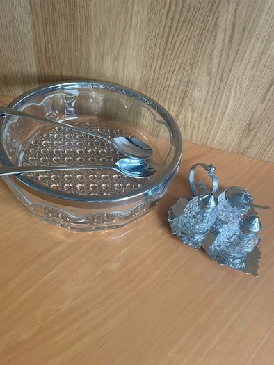 Vintage Silver Plate Rim Pressed Glass Bowl with silver-plated condiment set and matching spoons.