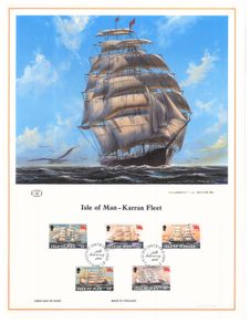 1984 Isle of Man Limited Edition Lithographed Print measuring 333mm X 257mm showing The Karran Fleet Commemorative Stamp with First Day of Issue Cancel