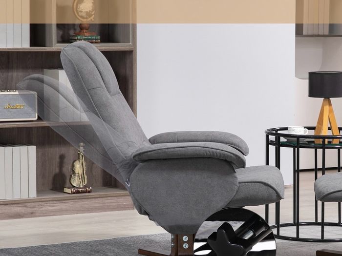 Linen Swivel Recliner Chair with Footstool, Upholstered Reclining Armchair with Wooden Base for Living Room, Grey