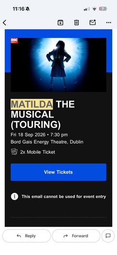 2 tickets Matilda the musical with family variety pack