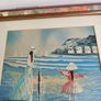 Vintage Small Oil Painting on board framed under glass of lady and child on the beach not signed. Image 9