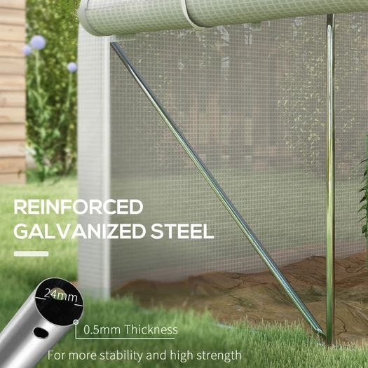 4 x 3(m) Walk-in Polytunnel Greenhouse, Zipped Roll Up Sidewalls, Mesh Door, 8 Mesh Windows, Tunnel Warm House Tent with PE Cover, Complimentary Plant Labels and Gloves, White