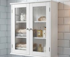Bathroom wall cabinet, bathroom wall unit with 2 glass doors, adjustable shelf, 55x20x65cm, white