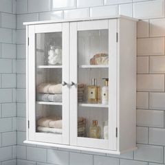 Bathroom wall cabinet, bathroom wall unit with 2 glass doors, adjustable shelf, 55x20x65cm, white