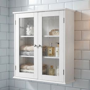Bathroom wall cabinet, bathroom wall unit with 2 glass doors, adjustable shelf, 55x20x65cm, white