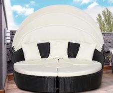 5 Piece Cushioned Outdoor Plastic Rattan Wicker Round Sofa Bed Coffee Table Sectional Patio Conversation Furniture Set - Black