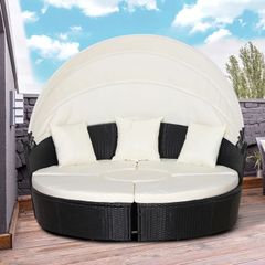 5 Piece Cushioned Outdoor Plastic Rattan Wicker Round Sofa Bed Coffee Table Sectional Patio Conversation Furniture Set - Black