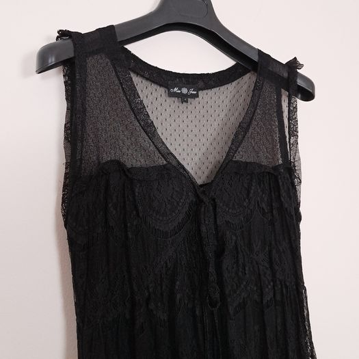 Miss June Black Floral Lace & Sheer Polka Dot Mesh Tiered Sleeveless Midi Dress 12UK/40EU