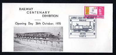 1970 Jersey Cover celebrating Railway Centenary Exhibition tying 4d Inaugural stamp Issue