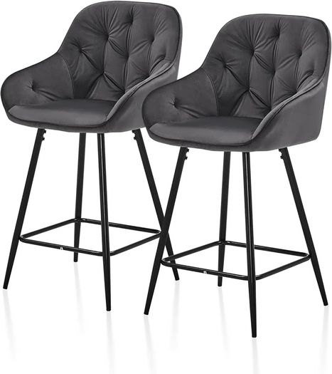 Bar Stools Set of 2 Grey Velvet Upholstered Kitchen Counter Stools with Armrest,Metal Legs and Footrest, 65cm Seat Height Pub Breakfast Chairs for Home Dining Island Easy Assembly