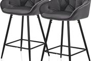 Bar Stools Set of 2 Grey Velvet Upholstered Kitchen Counter Stools with Armrest,Metal Legs and Footrest, 65cm Seat Height Pub Breakfast Chairs for Home Dining Island Easy Assembly