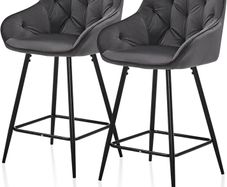 Bar Stools Set of 2 Grey Velvet Upholstered Kitchen Counter Stools with Armrest,Metal Legs and Footrest, 65cm Seat Height Pub Breakfast Chairs for Home Dining Island Easy Assembly