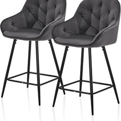 Bar Stools Set of 2 Grey Velvet Upholstered Kitchen Counter Stools with Armrest,Metal Legs and Footrest, 65cm Seat Height Pub Breakfast Chairs for Home Dining Island Easy Assembly