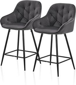 Bar Stools Set of 2 Grey Velvet Upholstered Kitchen Counter Stools with Armrest,Metal Legs and Footrest, 65cm Seat Height Pub Breakfast Chairs for Home Dining Island Easy Assembly