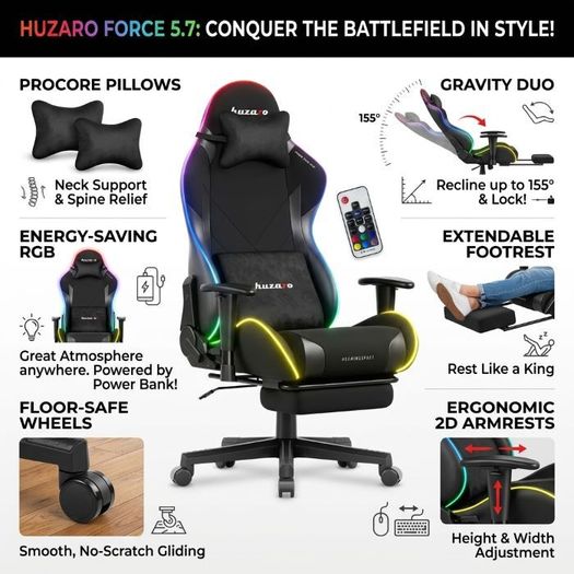 Huzaro Force 5.7 Black RGB Gaming Chair with Extendable Footrest