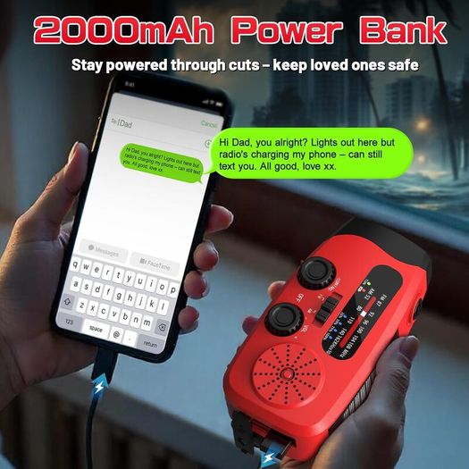 Wind Up Solar Radio, Emergency Radio, Portable Hand Crank Radio, AM/FM Radio with LED Torch, 7400mWh Rechargeable Power Bank, SOS Alarm, USB Phone Charger, Emergency Use for Camping Hiking