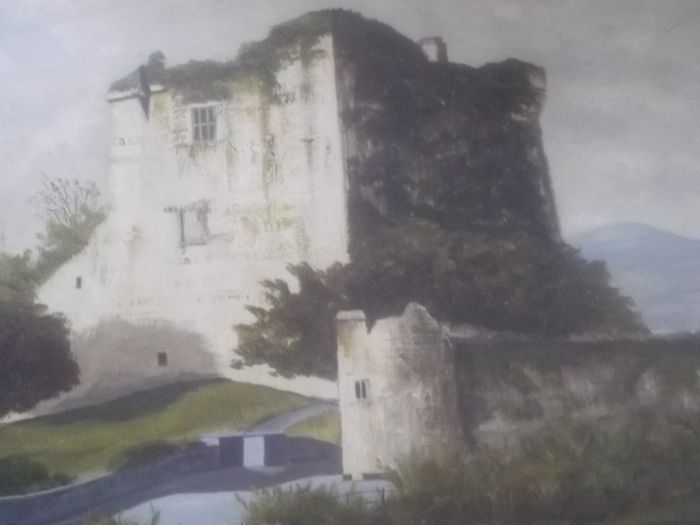 a large oil painting on board castle ruins by dublin artist frank feld