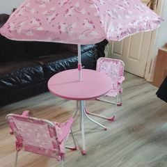 Kids table set. Outdoor furniture set. Kids camping set. 4-Piece set: Kids ensemble with 2 folding chairs, table and parasol. Picnic table.