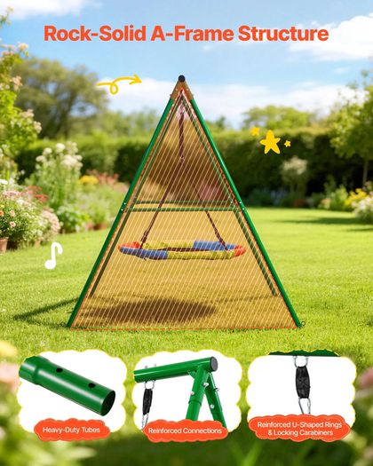 Swing Set for Backyard 100 cm Saucer Swing Seat with Heavy Duty A-Frame Metal Stand, 199.6 kg Load Capacity, Reinforced with Spiral Ground Anchors