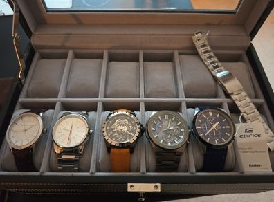 5-Watch Collection Bundle with 12-Slot Display Box (Boderry Titanium, Casio Edifice, CK, Newbridge)