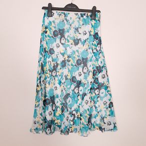 Isle Collection Blue Teal Yellow Floral Print Chiffon A-Line Midi Skirt 10UK/38EU