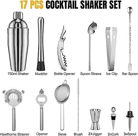 NEW SALE | New Cocktail Making Set, 17 Pieces Cocktail Shaker Set, Professional Cocktail Mixing Set, Cocktail Kit with 750ml Stainless Steel Shaker