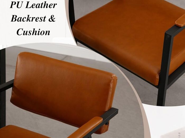 Set of 2 Brown PU Leather Dining Chairs with Armrests Modern Style & Durable Metal Frame