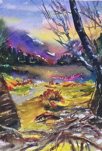 3 rock mountain watercolour