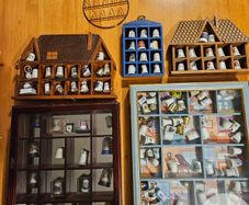 Collection Of Over 120 Ceramic And Metal Timbles In 5 Wall Hanging Cabinets. All In Good Condition.  See Photos For Same.