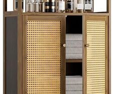 Rattan Bathroom Floor Cabinet, Bamboo Storage Cupboard with 2 Doors, Freestanding Living Room Sideboard, Space Saving Entryway Storage Unit, Walnut