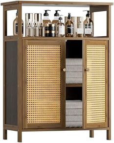 Rattan Bathroom Floor Cabinet, Bamboo Storage Cupboard with 2 Doors, Freestanding Living Room Sideboard, Space Saving Entryway Storage Unit, Walnut
