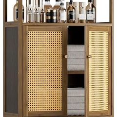 Rattan Bathroom Floor Cabinet, Bamboo Storage Cupboard with 2 Doors, Freestanding Living Room Sideboard, Space Saving Entryway Storage Unit, Walnut