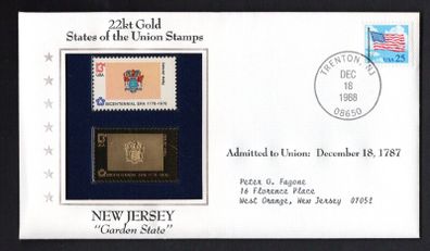 1988 USA New Jersey "Garden State" 22kt Gold Replica of the 1976 United States Flag Stamps showing 25c US flag definitive tied Trenton, New Jersey (state capital) illustrated cover