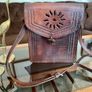 Vintage 1970s 1980s Hand Made Moroccan Leather Crossbody Bag Sunburst Motif Image 2