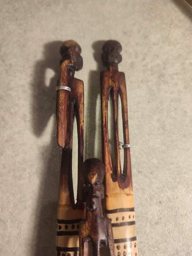 3 Vintage Hand Carved African Pencil Thin Tall Hand Painted Figures 12.5"