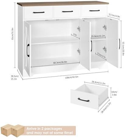 Sideboard, Kitchen Cabinet with 3 Drawers and 3 Doors for Kitchen, Buffet Cabinet with Worktop for Dining Room, Living Room, Wood, White & Brown