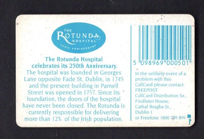 1995 Ireland Rotunda Hospital's 250th Anniversary (Schlumberger SC7) Call Card Used. Telecom Eireann card number 1085