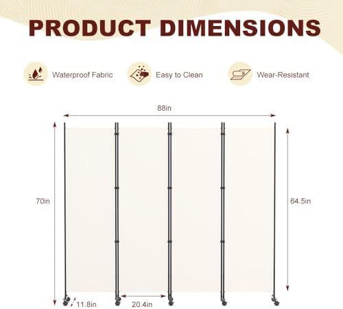 4 Panel Room Divider Folding Privacy Screen, Freestanding Room Partition with Lockable Wheels, Portable