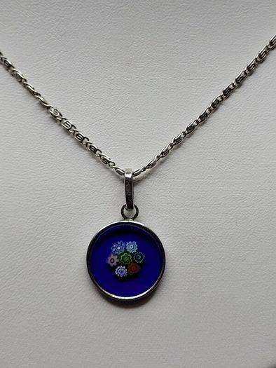 Vintage 925 Sterling Silver Millefiori Murano Glass Pendant & 835 Silver Chain Necklace