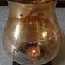 Vintage Etched Amber Glass Hurricane Lamp With Black Base Stand Image 5