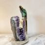Premium Ruby in Zoisite Gemstone Parrot Carving on Unique Amethyst Crystal Geode Image 2