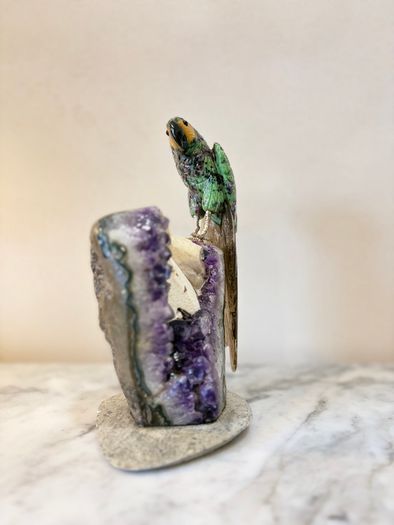 Premium Ruby in Zoisite Gemstone Parrot Carving on Unique Amethyst Crystal Geode