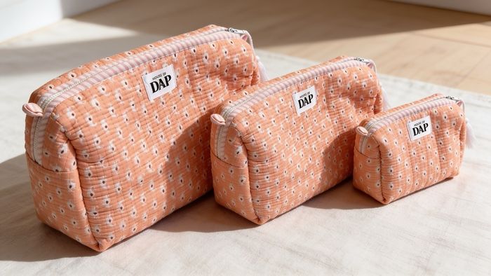 Brand New 3-Piece Hand-Block Print Quilted Cosmetic Bag Set, Nesting Travel Pouches, Cotton Toiletry Organiser
