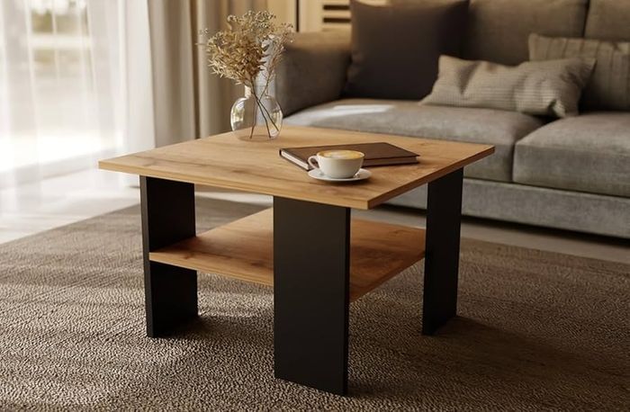 Coffee Table Oak Black Modern Living Room Table 60 x 60 x 45 cm - Square, Stable & Practical with Shelf - Compact Sofa Table, Robust and Easy to Clean