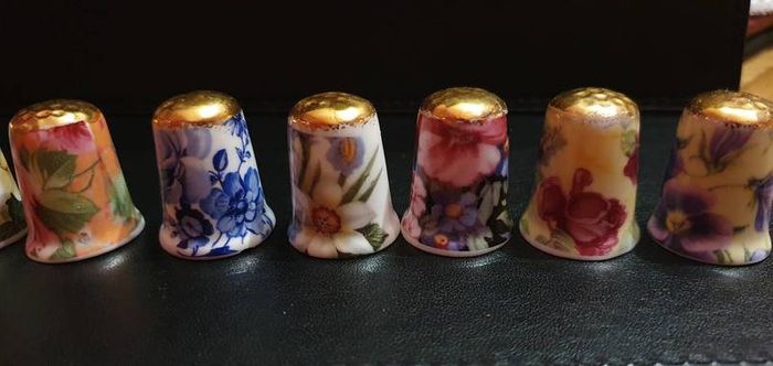 Collection of Bone China Flower Gold Top Thimbles