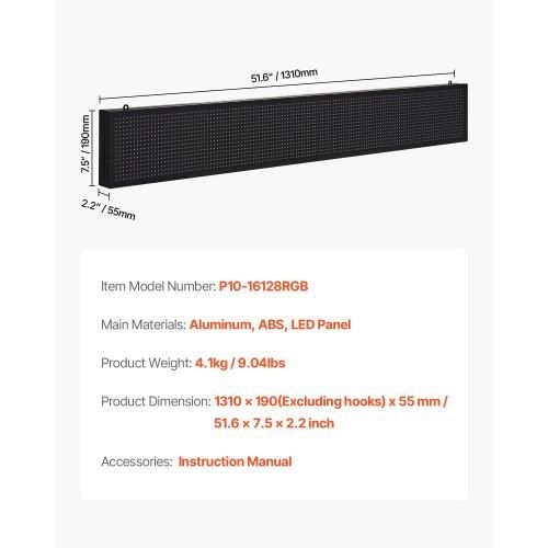 Programmable LED Sign, P10 Full Color Flexible Digital Scrolling Panel, DIY Custom Text Pattern GIF Display Board, Bluetooth APP Control Message Shop Sign for Store Business Advertising, 52x8 in