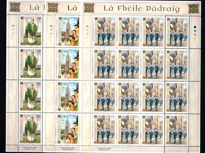 2003 Ireland St Patrick's Day (41c St. Patrick, 50c Cathedral & 57c Parade) Commemorative Stamps Sheetlet Plate 1B1B1B1B Mint Never Hinged (MNH).