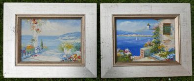 Vintage Oil Paintings Seaside Impressionism Wall Art Blue Oil Paintings Garden Floral Wall Art Blue Artwork Living Room Wall Art, signed framed